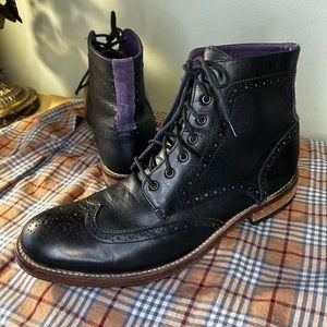 Ted Baker Sealls 3 Black & Purple Accent Leather Wing-tip Brogue Boots